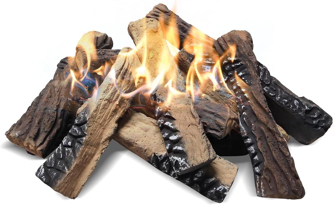 Skypatio 10-Piece Gas Fireplace Logs Set, Heat Resistant Realistic Ceramic Wood Logs for Indoor or Outdoor Fireplace, Fire Pit Decor, Lightweight & Portable