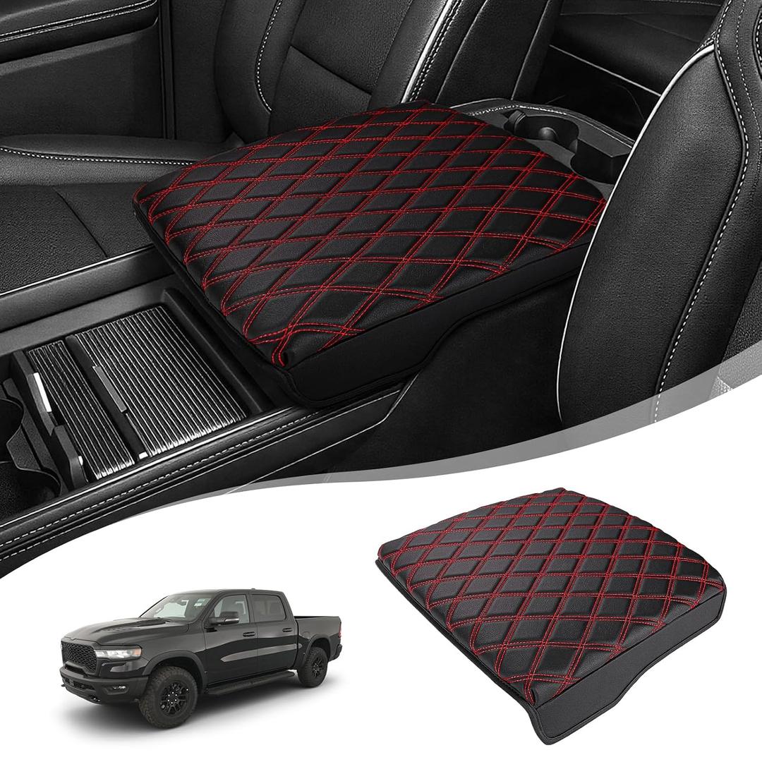 Center Console Cover for 2019-2026 Dodge Ram 1500 2500 3500 Accessories, PU Leather for 5th Ram 1500 Armrest Cushion Pad Anti-Scratch, Black/Red Stitching