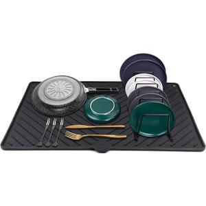 Dish Drying Mat, Silicone Dish Drying Mat for Kitchen Counter, Extra Thick & Large Dish Drainboard Mat with Built-in Drain, Non-silp, Heat Resistant, Dishwasher Safe (Black, 24" x 15")