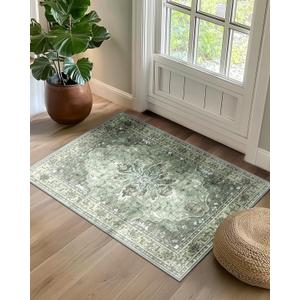 Area Rugs 2'x3' Washable Non-Slip, Floral Vintage Distress Print Pattern Medallion Carpet for Living Room Bedroom Dining Room, Dark Green Gray