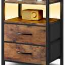 Night Stand Bedside Table Bedroom - Nightstand with Charging Station, Night Stand with LED Light Strip, End Table with U-S-B Ports & AC Outlets, Storage Shelf & 2 Fabric Drawers, Rustic Brown