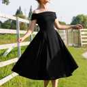 YMDUCH Women's Elegant Off Shoulder Short Sleeve A line Flowy Swing Cocktail Party Long Dress
