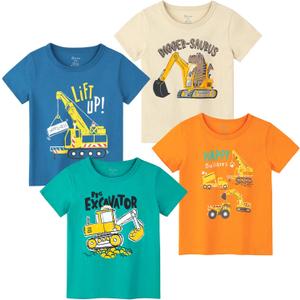 Poroka 4 Pack Toddler Boys Short Sleeve T-Shirts Summer Crewneck Tee Shirts Cotton Cartoon Graphic Tops Tees (Blue)