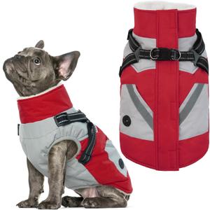 IECOii Dog Coat with Harness Built in -Red,Large- Waterproof Dog Winter Coat Back Zipper,Sweater for Dogs,Dog Jacket Clothes,Fleece Lined Dog Snow Jacket Snowsuit French Bulldog Havanais Shiba Inu (Large(Chest:24.4 in))