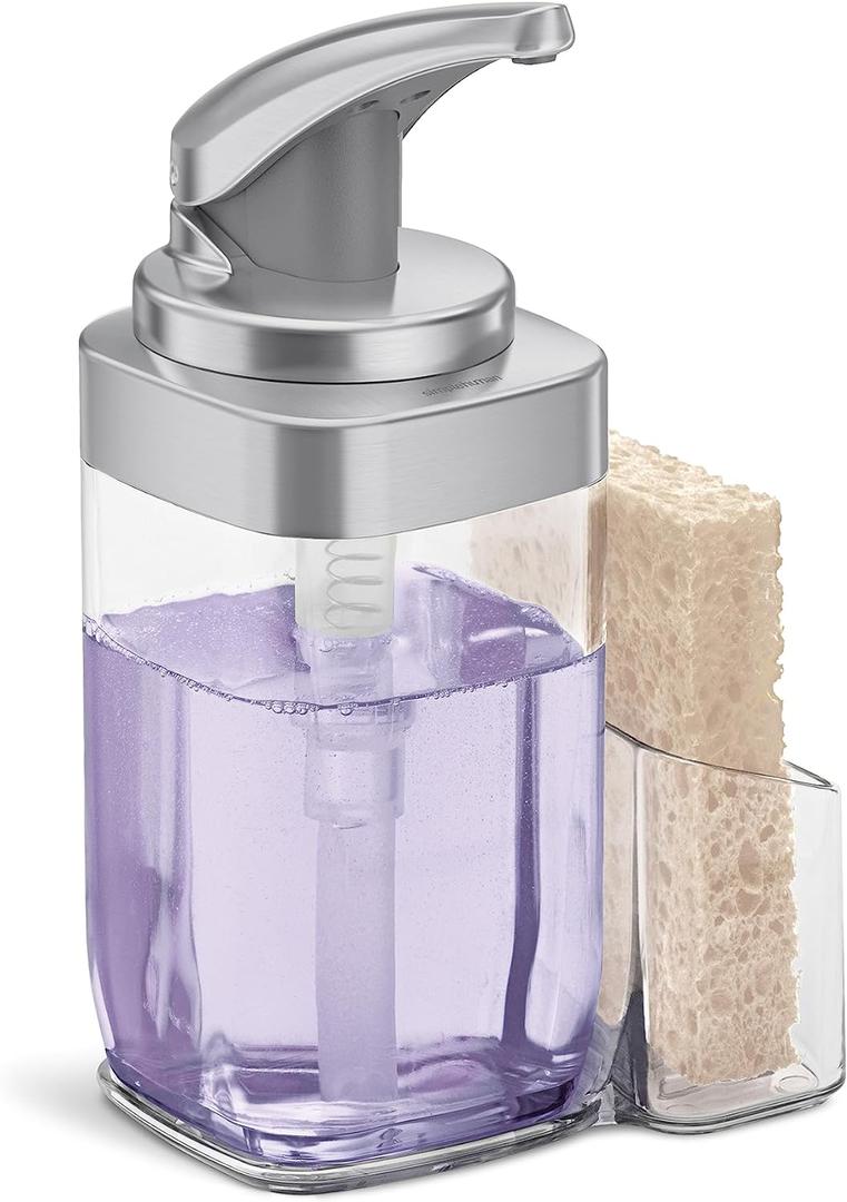 simplehuman 650ml / 22 oz. Square Push Pump Soap Dispenser with Sponge Caddy, Brushed Nickel