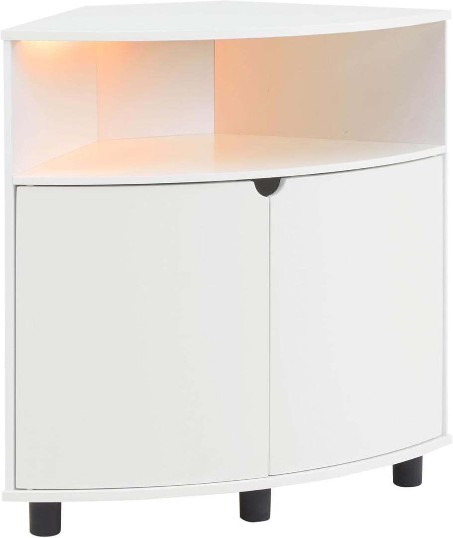 HOMES: Inside + Out Berg Modern 31-inch 16 Colors LED Corner Cabinet with Doors and 2 Shelves, USB Charge Cord, Small TV Stand for Living Room, Home Office, White