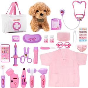 Meland Toy Doctor Kit for Girls, Pretend Play Toy Doctor Set with Dog , Carrying Bag, Stethoscope & Dress Up Costume Gift for Kids Toddlers Ages 3 4 5 6 Year Old for Role Play