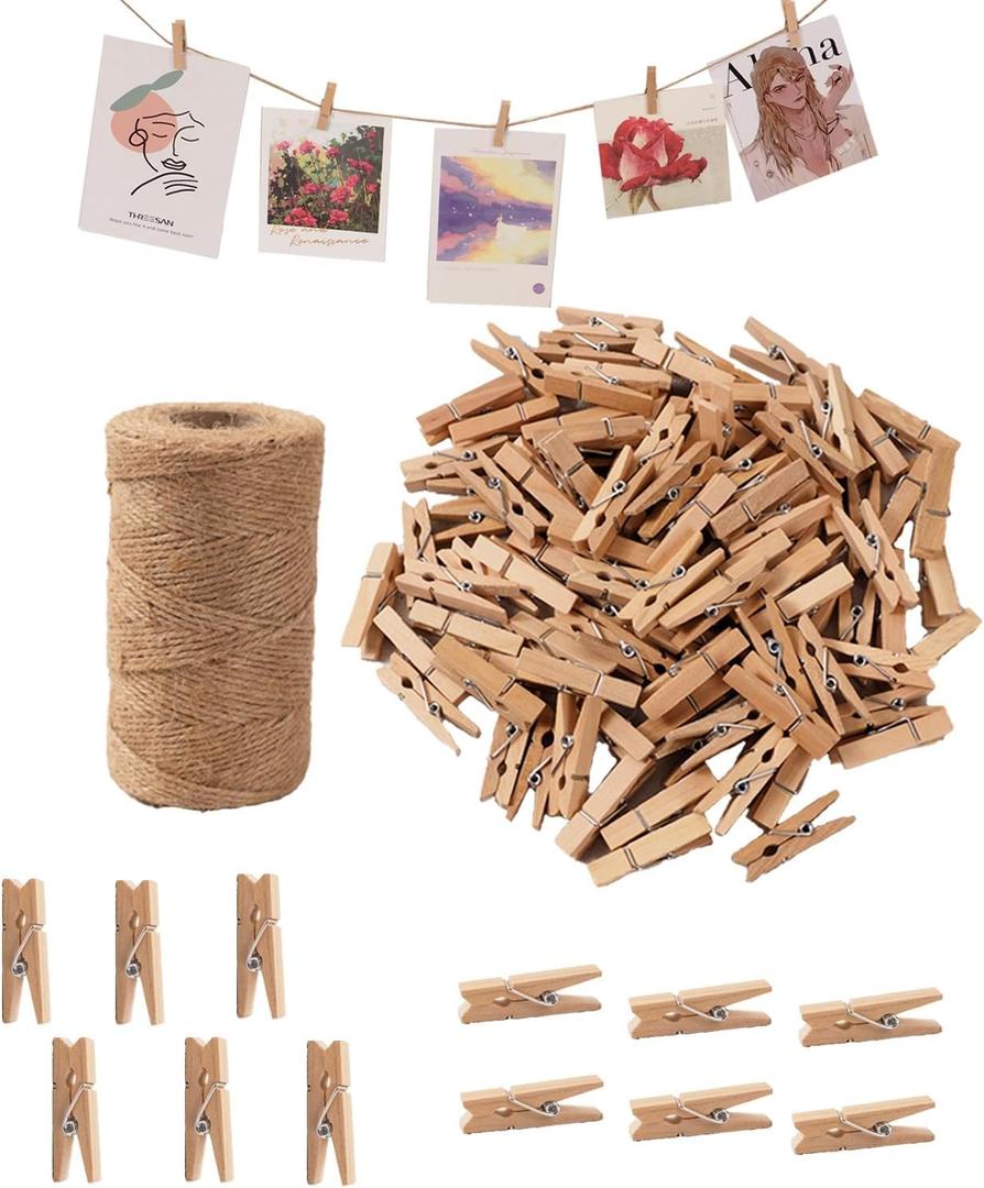Small Clothes Pins for Photos,100PCS Mini Wooden Clothes Pins with 328 Feet Jute Twine,1.4 inch Tiny Clothes Pins for Photos,Crafts,Hanging Pictures,Baby Shower,Clip Photo Holders (Brown)