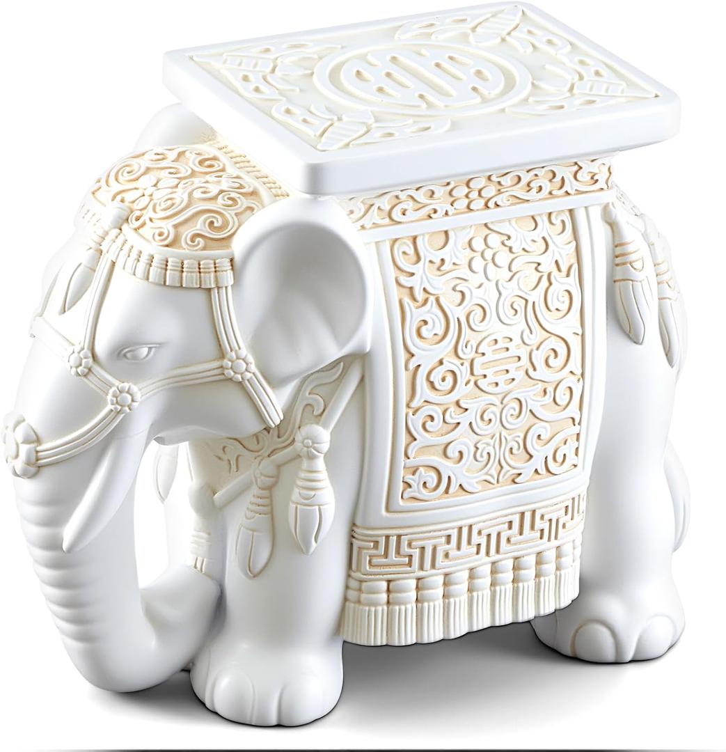 Leinuosen Elephant Garden Stool 16.5 Inch - Resin Elephant Side Table & Plant Stand, Indoor Outdoor Decorative Accent Table for Patio Balcony Living Room, Bohemian Home Decor Gift(White Color)