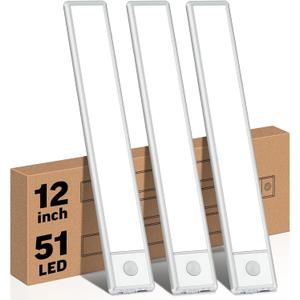 51-LED Motion Sensor Under Cabinet Light, 12-inch Magnetic Rechargeable Under Counter Closet Lights, Wireless Night Light Bar, 3-Pack, Cool White