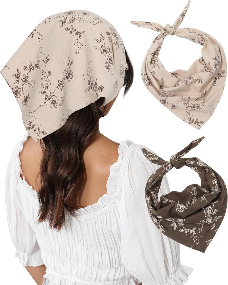 Molans Cotton Floral Hair Scarf - 2PCS Hair Scarves and Bandanas for Women Triangle Kerchief for Girls,  Army Green and Beige 