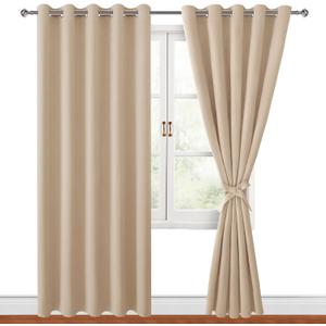 Hiasan Blackout Curtains for Bedroom, 60 x 84 Inches Long - Thermal Insulated & Energy Saving Window Curtains for Living Room, 2 Drape Panels Sewn with Tiebacks, Beige