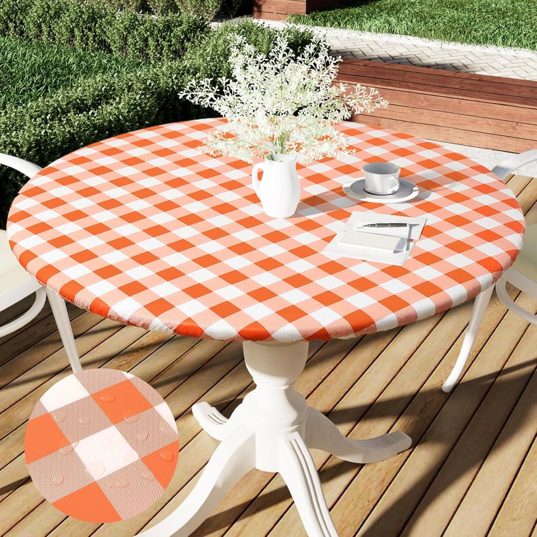 Smiry Round Picnic Tablecloth, Elastic Waterproof Fitted Vinyl Tablecloths for 57"-68" Tables, Flannel Backed Buffalo Plaid Table Cover for Dining, Camping, Outdoor, Thanksgiving, White and Orange