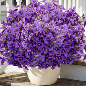 24 Bundles Artificial Pansy Flowers for Outdoor, UV Resistant Faux Silk Pansies for Window Box Planter, Fake Spring Flowers for Front Door Porch Patio Yard Decor (Purple)