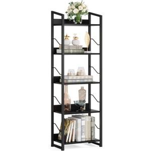 Hosfais 5 Tier Tall Bookshelf: Industrial Wood Book Shelf with Edge Protection Metal Narrow Bookshelf Bookcase Storage Organizer Display Rack for Living Room Home Office (Black)