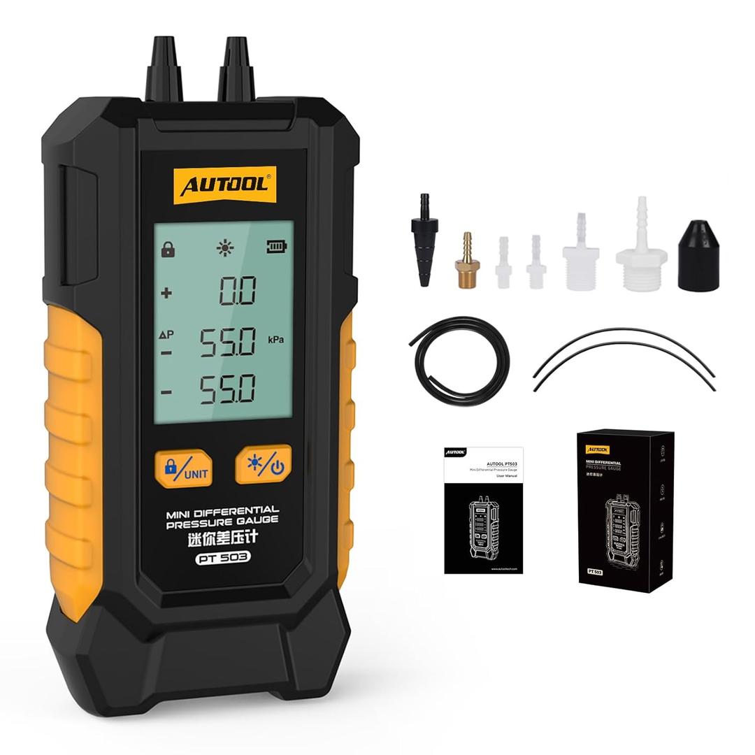 AUTOOL Manometer Gas Pressure Tester, Digital Manometer HVAC, 6 Units Differential Dual Port Pressure Gauge -101 to 200Kpa, Data Zeroing with Backlight LCD Display
