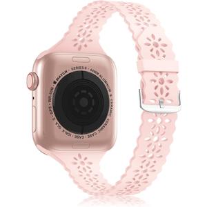 YAXIN Lace Silicone Band Compatible with Apple Watch Band 38mm 40mm 42mm 44mm Women, Slim Narrow Thin Hollowed-out Scalloped Sport Band Replacement Strap for iWatch Series 6 5 4 3 2 1 SE, Sand Pink