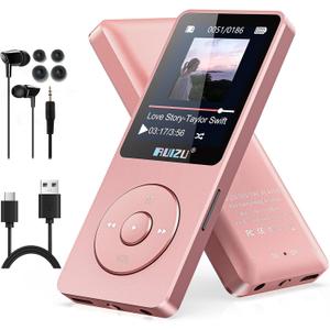 RUIZU 64GB MP3 Player with Bluetooth 5.3, 1.8" Screen Portable Music Player, FM Radio, Voice Recording, EBook, Shuffle Single Loop, 80H Digital Audio Video Playback, Lightweight, Support 128GB TF Card (Pink)