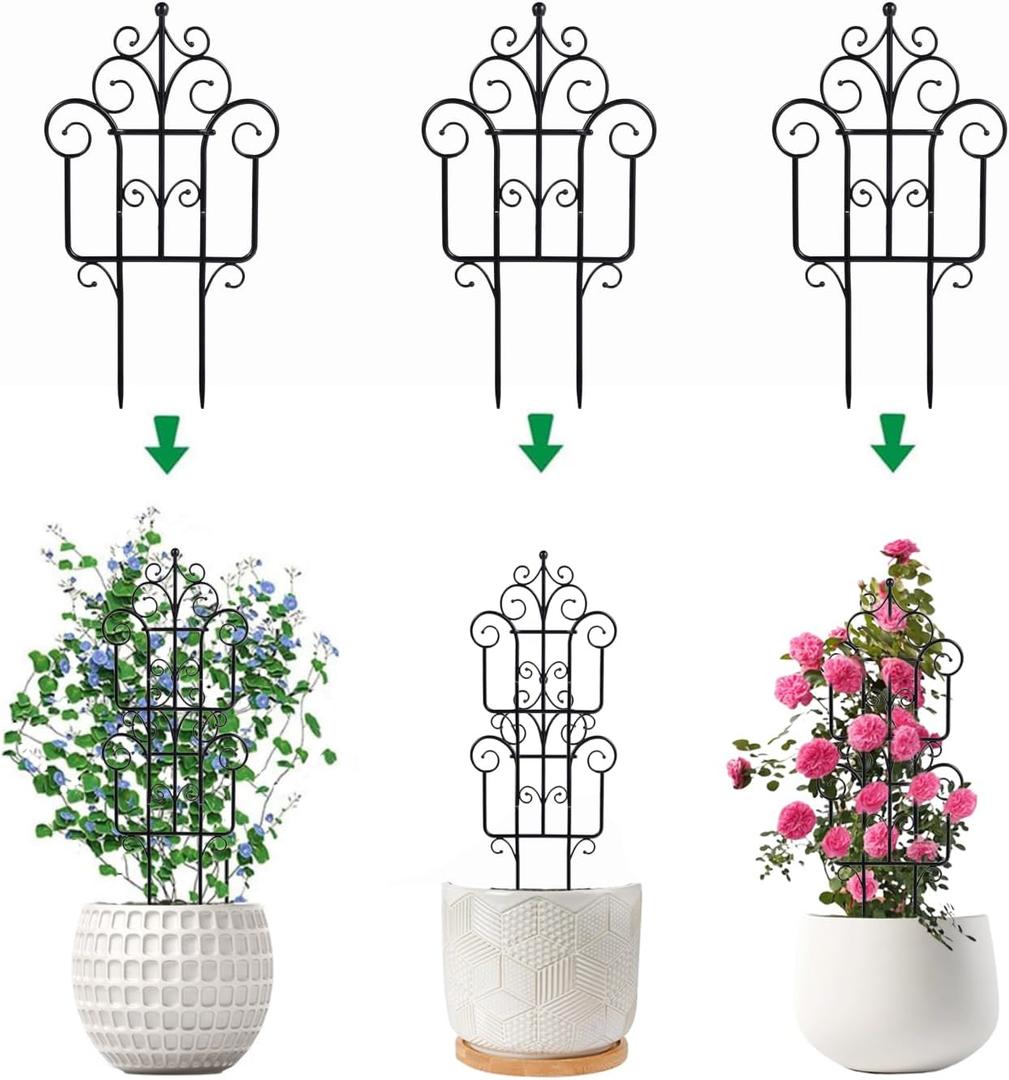 Garden Plant Trellis, Stackable Plastic Trellis Supports for Climbing Plants, Indoor Outdoor Use, 3 Pack, Black (3)