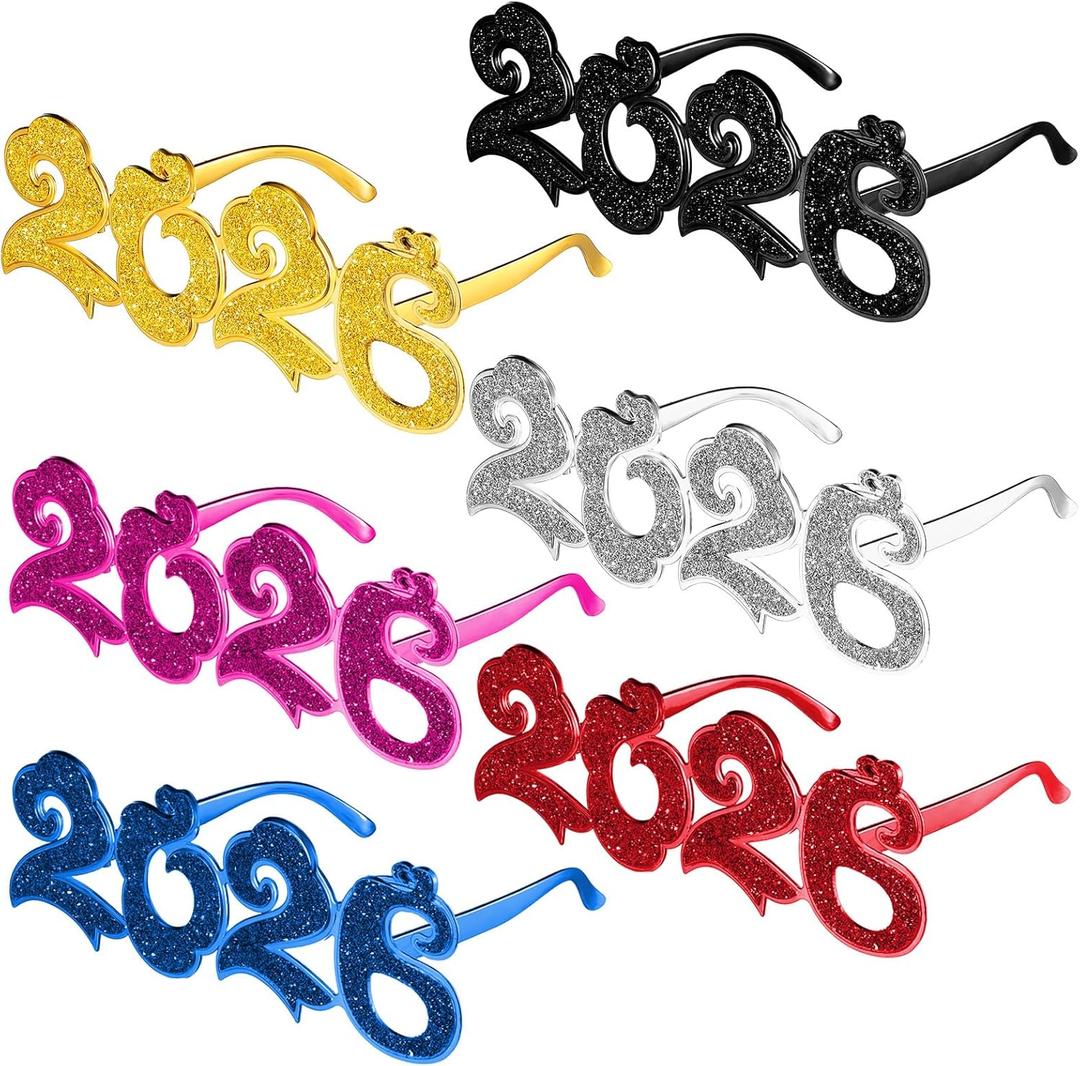 Konohan 6 Pairs 2026 Glasses New Year Eve Glitter Number Eyeglasses Party Supplies 2026 Funny Novelty Sunglasses for New Year Celebration Party Favor Costume Photo Props Decoration(Colorful)