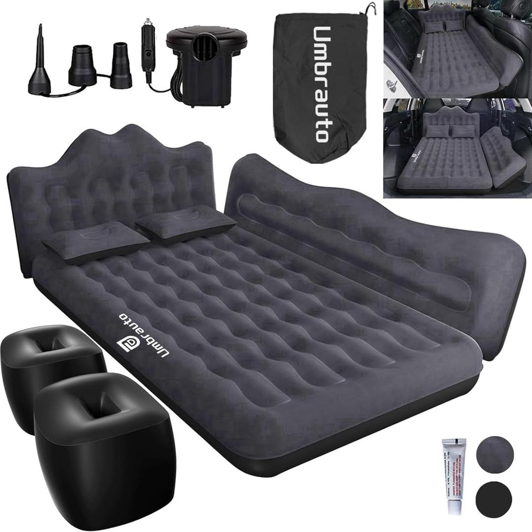 Umbrauto Inflatable Car Mattress Bed: SUV Camping Air Mattress for Truck Backseat with Pump & Pillows, Blow Up Car Sleeping Mattress for Van Back Seat (Black)