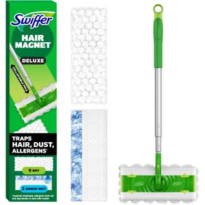 Swiffer Hair Magnet Deluxe Starter Kit with Collapsible Pole, 9 Hair Magnet Dry Cloths, 2 Bonus Mop & Go Wet Cloths