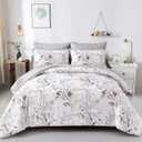 Grey 7 Pieces Grey Floral Comforter Set King, Botanical Bed in a Bag Reversible Golden Leaves Bedding Set Soft Microfiber King (1 Comforter,2 Pillowcase,2 Pillow Shames,1 Flat Sheet,1 Fitted Sheet)