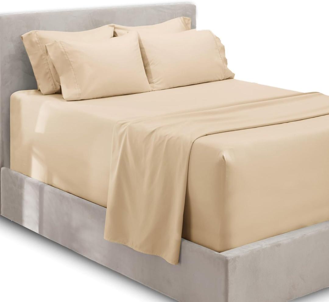Hearth & Harbor Bed Linen Set - Queen Size, 6 Piece, Extra Deep Pocket, Cream, Microfiber