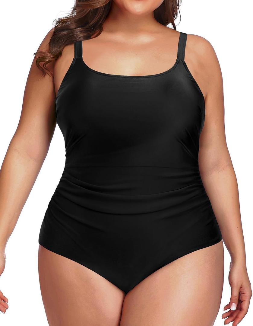 Daci Women Plus Size One Piece Swimsuit Athletic Tummy Control Ruched Bathing Suit with U-Back (14Plus, Black2)