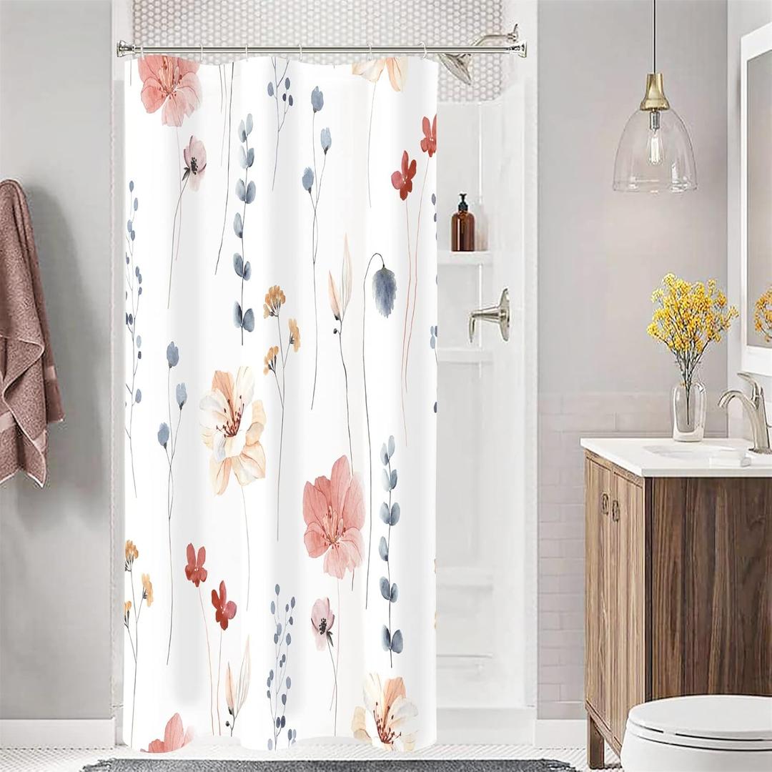 Gibelle Small Stall Shower Curtain 36 x 72, Narrow Half Watercolor Floral Fabric Shower Curtain, Coral Beige Flower Decorative Bathroom Shower Curtain Set with Hooks