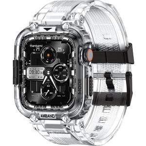 amBand Bands Compatible with Apple Watch 9/8/7 45mm, M1 Sport Series Rugged Case with TPU Strap Military Protective Tough Cover Bumper for iWatch SE2/SE/6/5/4/3 44mm 42mm Men Clear