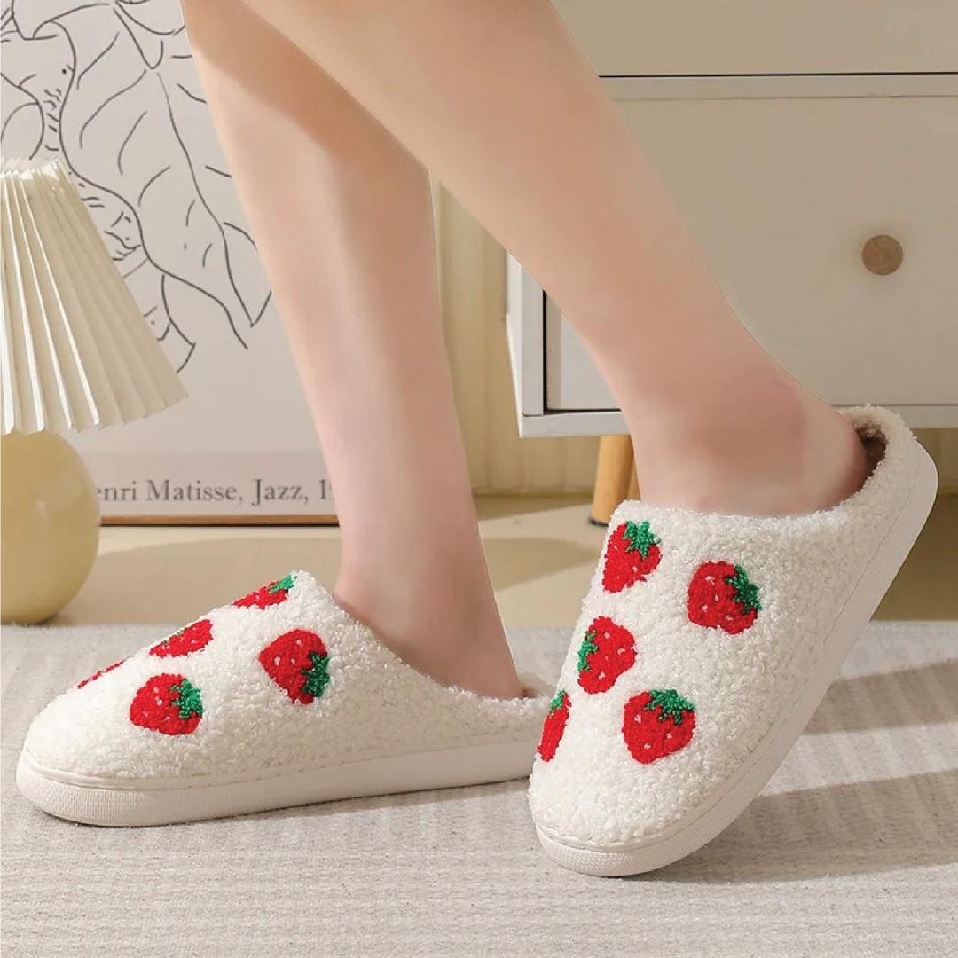 FOCUSIN House Slippers for Women Cute Plush Strawberry Slippers Memory Foam Slippers Retro Anti-Slip Home Shoes (Strawberry, Adult, Women, 7.5, Numeric, US Footwear Size System, Medium)