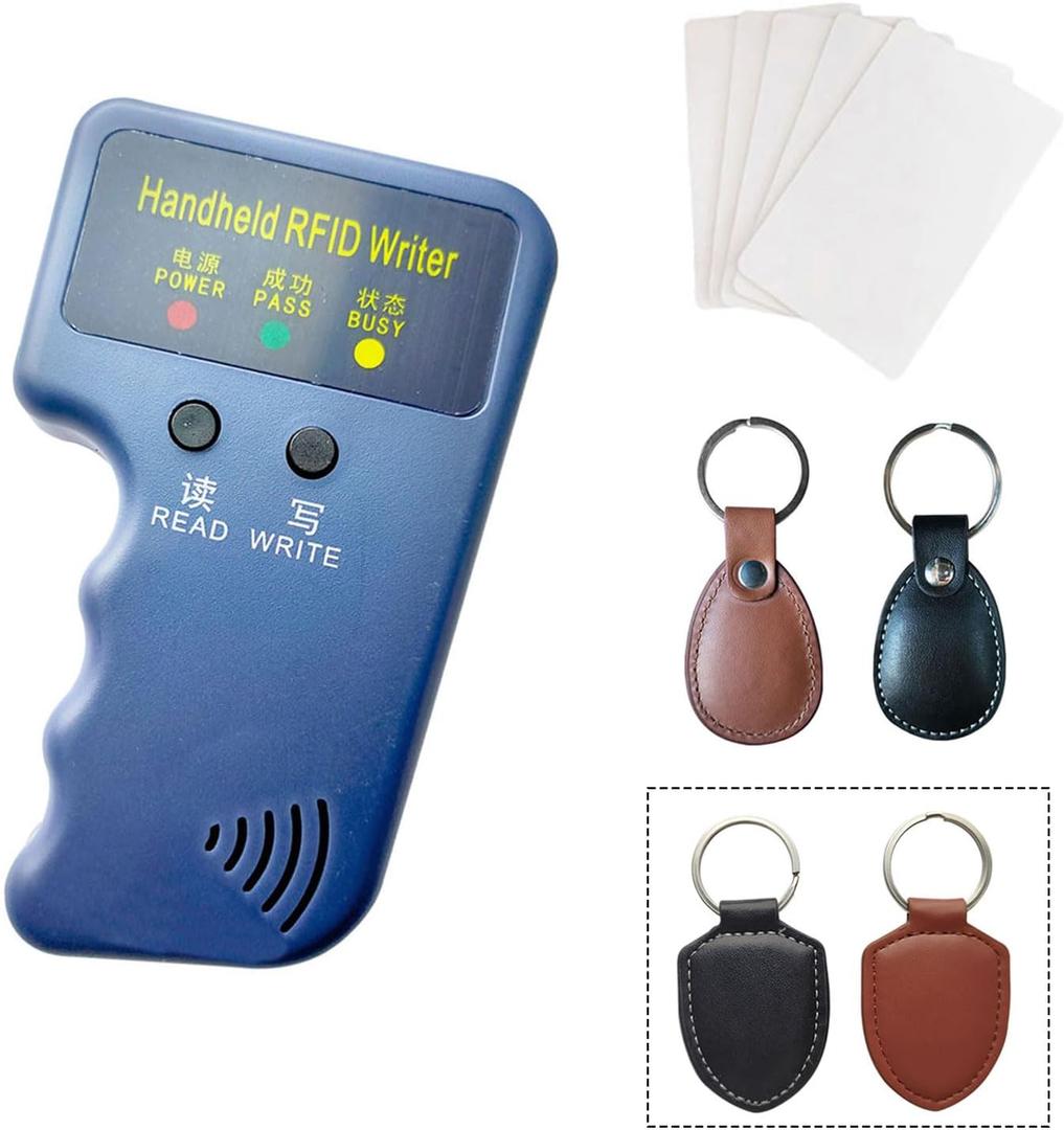 Handheld 125khz Copier RFID Smart ID Card Duplicator Used for T5577 or EM4305+5pcs ID rewrite Cards +ID Leather Circle Keychain 2pcs
