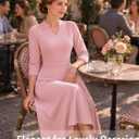 Womens 3/4 Sleeve V-Neck Midi Dress with Pockets A-Line Fit and Flare Tea Length Modest Formal Wedding Guest Church (M)