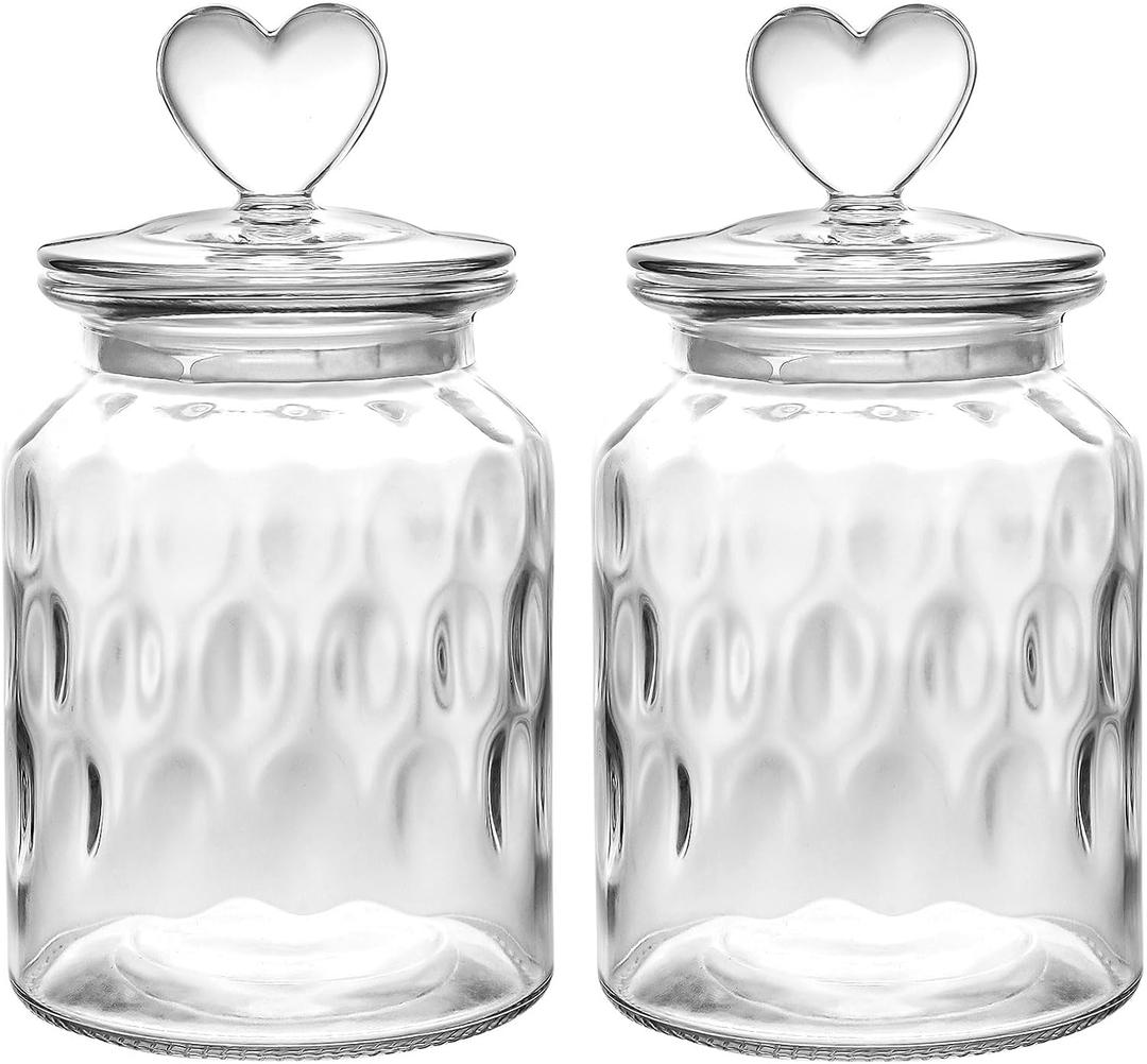 WHJY Set of 2 Airtight Glass Jars Decorative Jars, 32oz Jar of Hearts Cute Cookie Jar Decorative Jars with Lids Candy Jars for Candy Buffet Heart Shaped Lid - Drops Textured