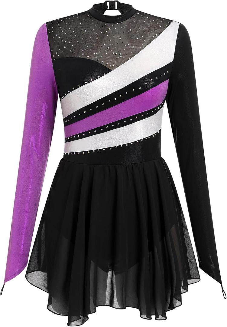AFAVOM Figure Ice Skating Dress for Women's Long Sleeve Glitter Ballet Dance Dress Lyrical Gymnastics Competition Leotards (Purple, S)