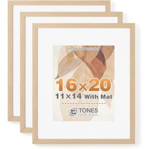 TONES FRAME DESIGN 16x20 Solid Wood Frames Set of 3,Natural Oak Wood Picture Frame can Display Photo 11x14 With Mat or 16 x 20 Without Mat,Poster Frame for Wall Home Decor,3 Pack, 16x20-3pk