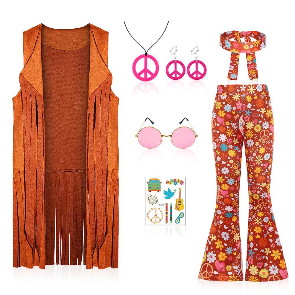 Cuteshower Girl Hippie Costume 70s 60s Hippie Outfits for Girls Halloween Cosplay Party, XL