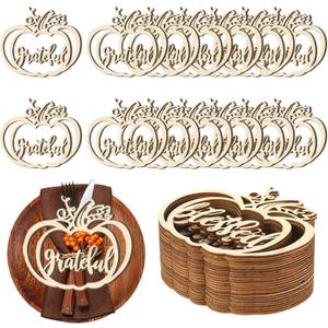 24 Pcs Fall Thanksgiving Pumpkin Wooden Plate Decor Cutouts Thankful Blessed Place Cards Wood Signs Hanging Ornament Table Decorations for Autumn Harvest Home Tabletop Plate Supplies