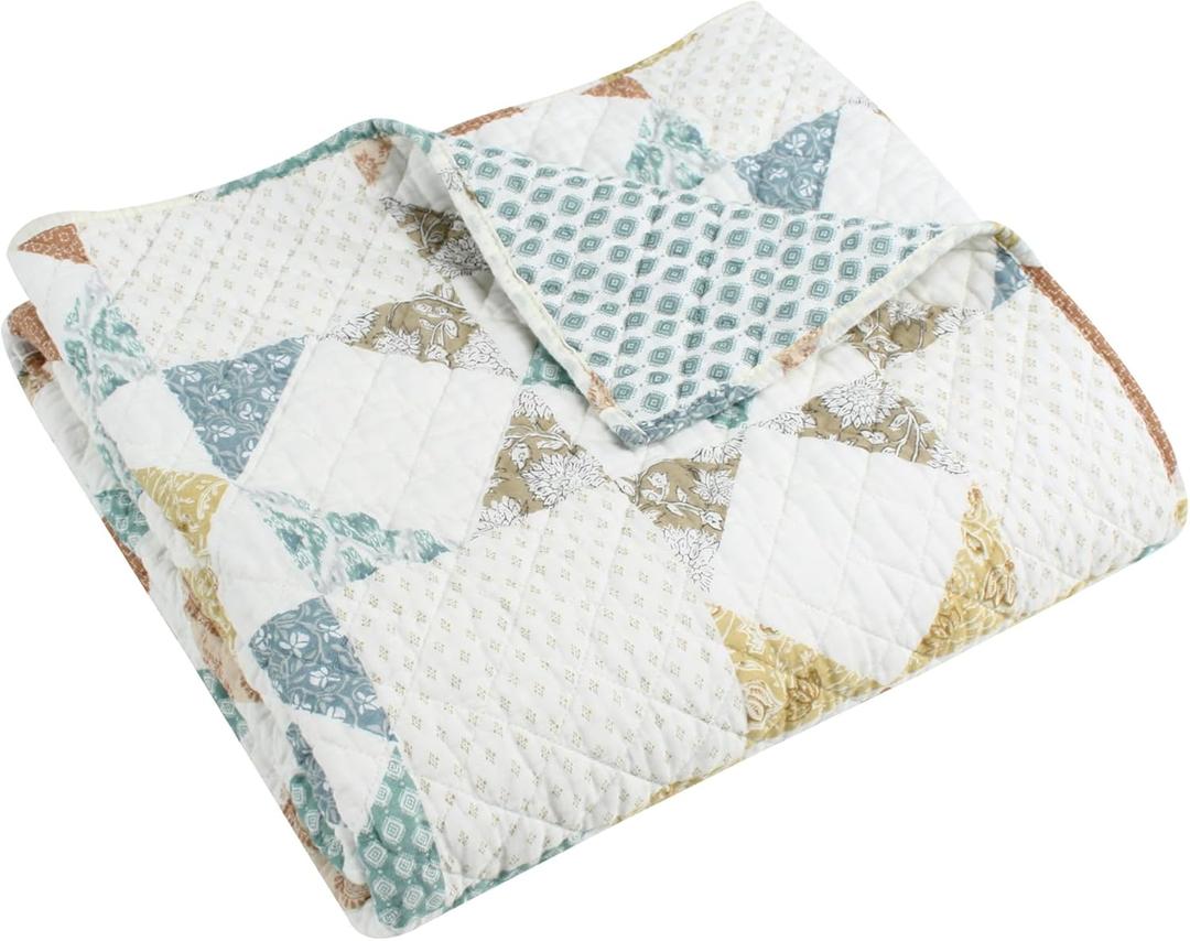 Levtex Home - Lottie - Throw - Patchwork - Sienna Teal Green Ochre Taupe and Cream - Throw Size 50x60in. -Cotton