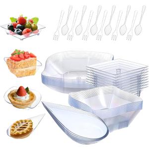 200 Pcs Mini Appetizer Plates with Spoons and Forks, Clear Disposable Dessert Bowls and Serving Trays, Tiny Plastic Party Plates for Appetizers, Tastings, Desserts