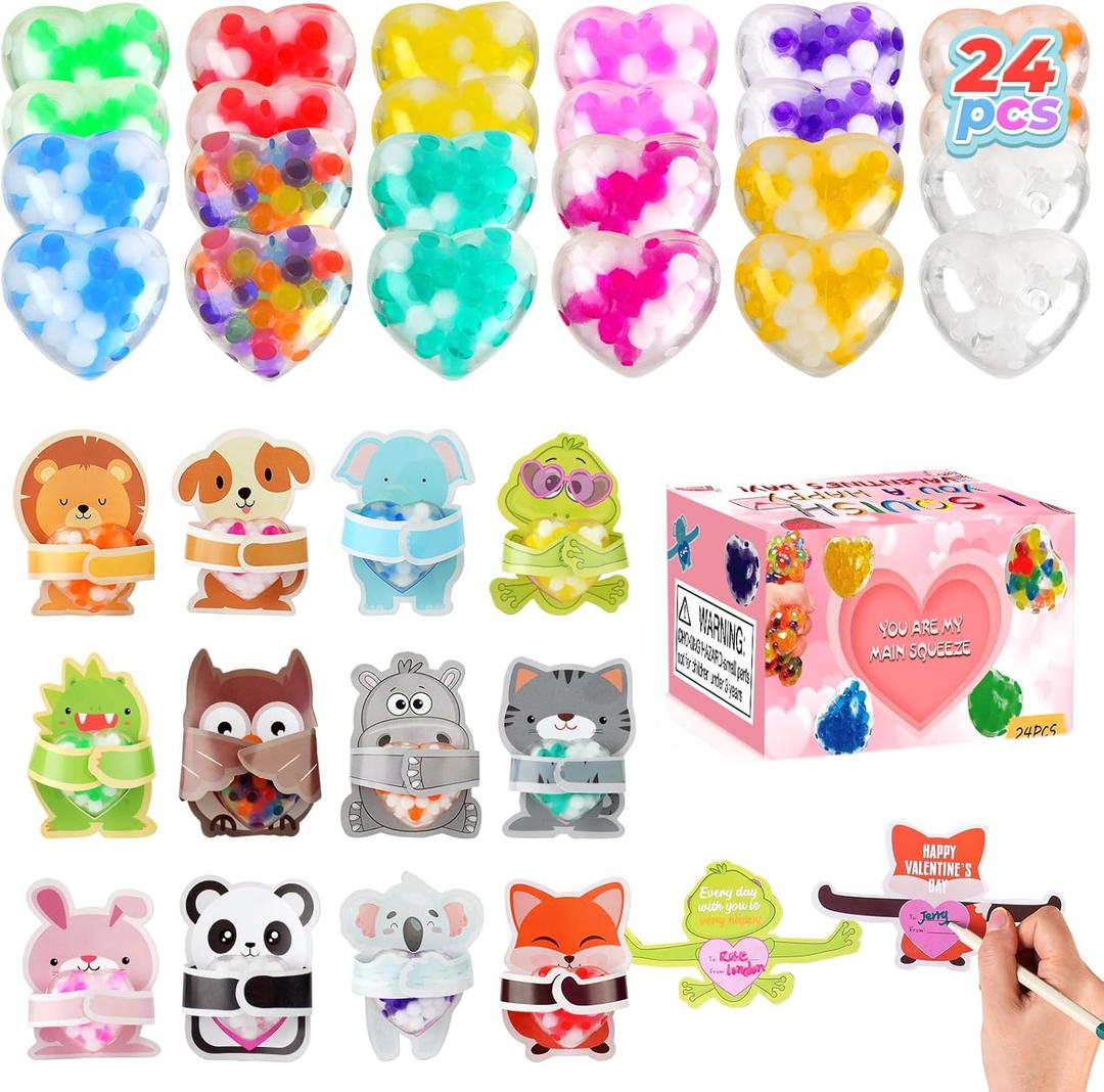24Packs Valentines Day Heart Stress Balls with Cards,Squishy Squeeze Balls Bulk Fidget Toys for Adults,Stress Relief Balls,Classroom Exchange