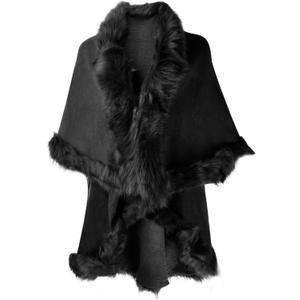 ZLYC Women Fine Knit Open Front Faux Fur Trim Layers Poncho Cape Cardigan Sweater (One Size, Black 2)