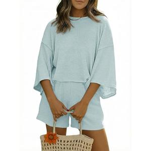 Tankaneo Womens Lounge Set 2 Piece Outfits Crewneck 3/4 Sleeve Tops and Shorts Casual Pajamas Sets with Pockets XL