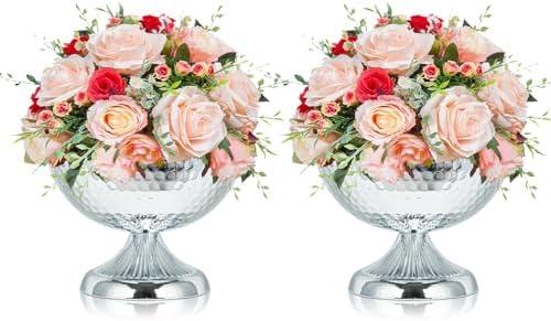 Kolnlala Metal Urn Vases for Centerpieces - 6.3" Tall Flower Pot Planters, Wedding Table Decor, Party Reception, Home Floral Arrangement (2, Silver)