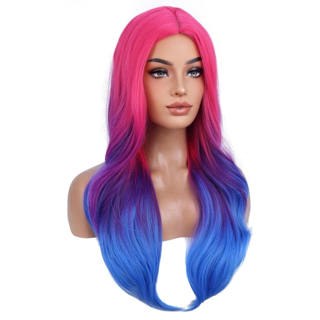 BERON Rose Ombre Blue Wigs Long Wavy Wig for Women Girls Hot Pink Blue Heat Resistant Synthetic Hair Wigs for Cosplay Party Daily or Use