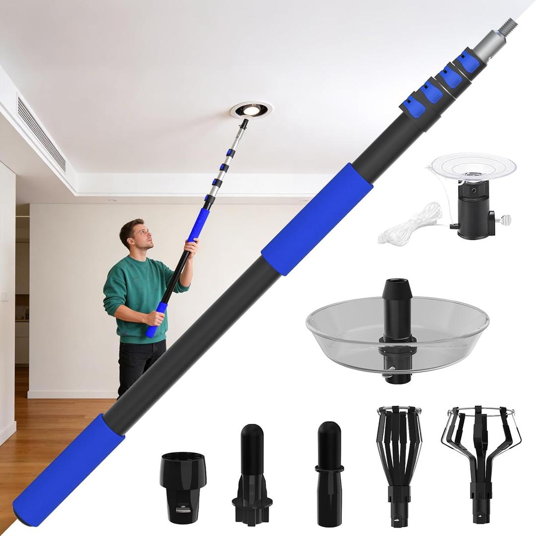26FT Reach Light Bulb Changer for High Ceilings with Telescopic Extension Pole, 5-20Foot Light Bulb Extension Pole Changer with Baskets and Suction Cup for High Ceilings and Recessed Lights