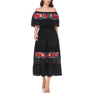 YZXDORWJ Women Mexican Dress Floral Embroidered Peasant Casual Sexy Lace Off-Shoulder Long Maxi Wedding Dress (XXXL, 348BK)