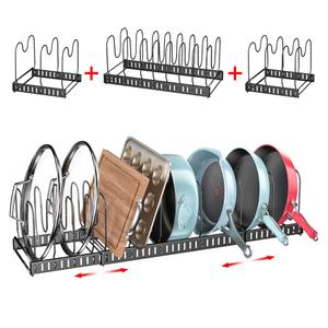 Xcosrack 15 Adjustable Dividers Pot and Pan Organizer Rack, 7" D x 32" W x 7.1" H, 3 in 1, Expandable Lid Bakeware Cupboard Rack Holder for Kitchen Cabinet Pantry Countertop, Black (Patent Pending)