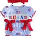 4th of July Baby Girl Outfit American Flag Romper USA Smocked Bubble Jumpsuit with Bow Headband Patriotic Clothes